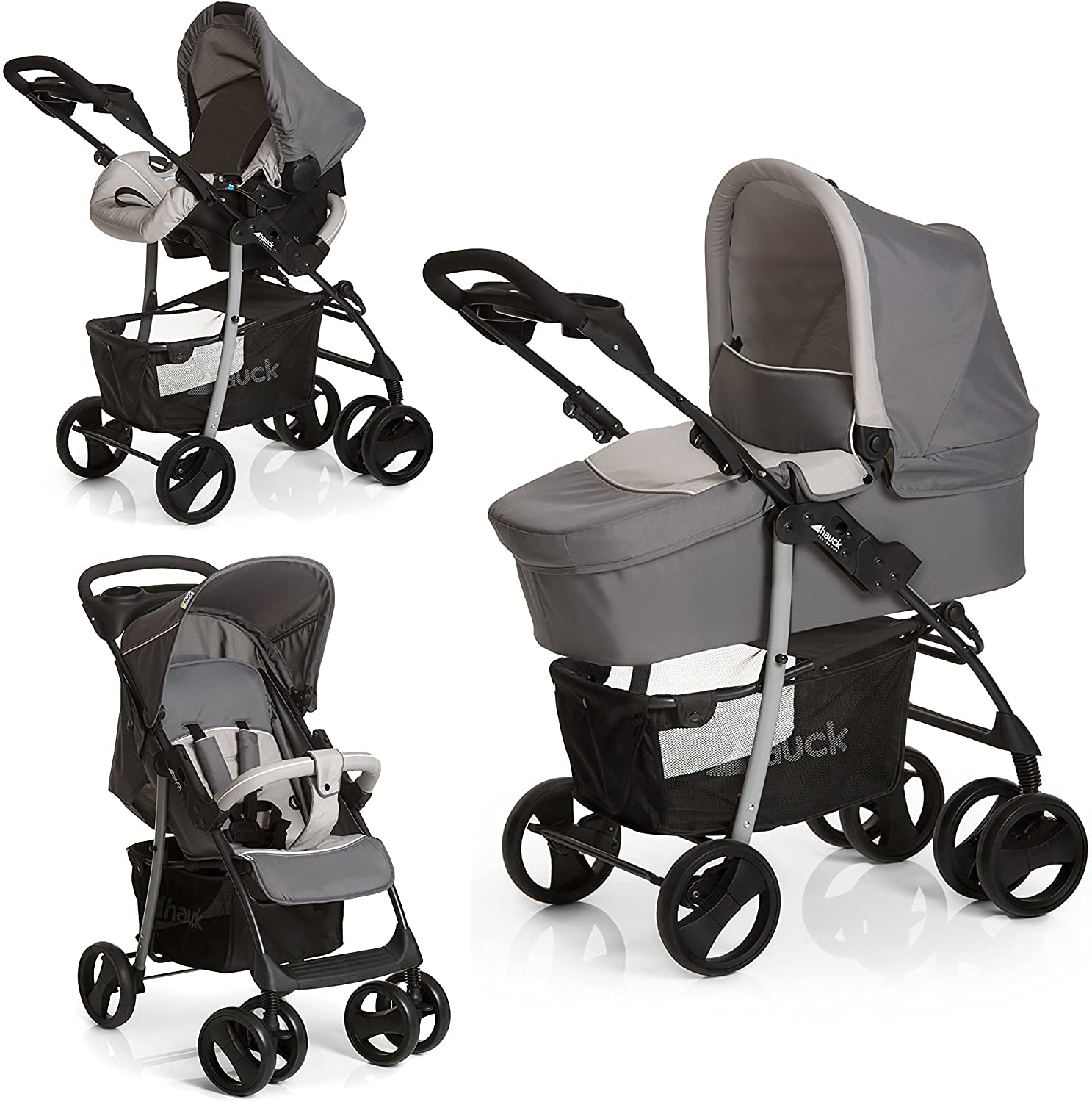 hauck Shopper SLX Trioset Travel System, Stone Grey - Pushchair, Pram, Carry Cot and Car Seat, Compact and Foldable, with Raincover