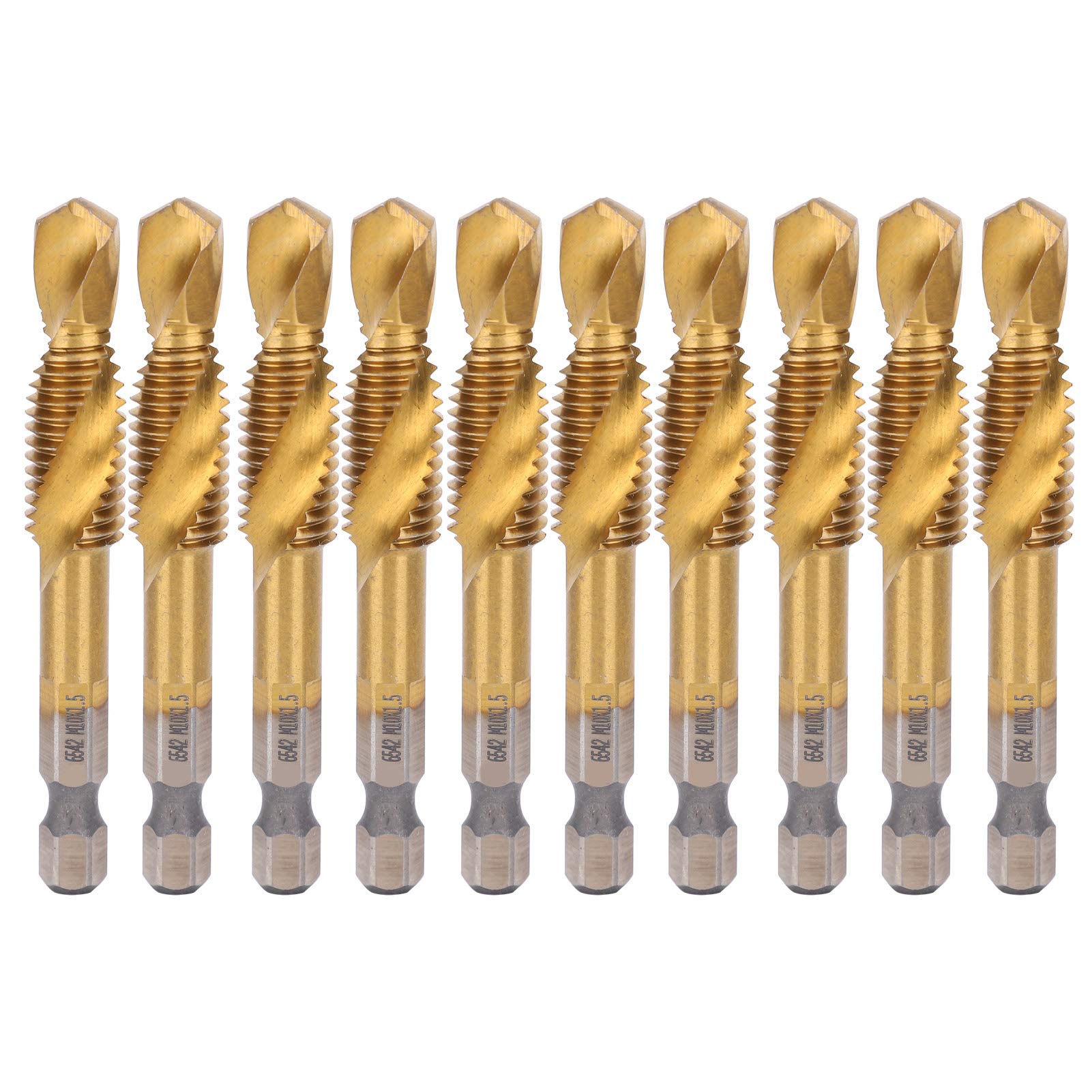 Hyuduo 10Pcs M10 Tap Bits Set Ti-Coated HSS Tapping Drill Bits for Metal, Stainless Steel & Alloy, 6-Point Shank Screw Machine Accessories for Tapping, Drilling, Deburring & Reaming