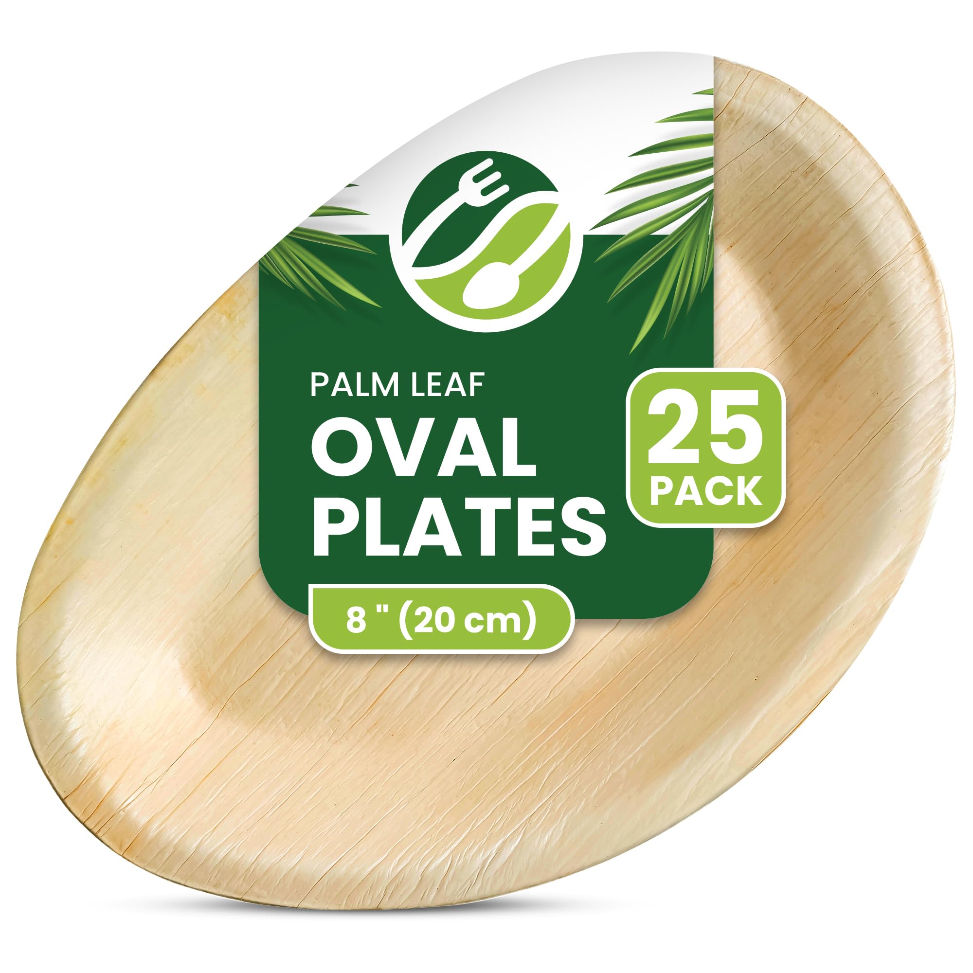 ECO Leaf | 25 Pack Oval Disposable Palm Leaf Plates | Compostable | Eco Friendly | Biodegradable | Picnic, Wedding Party Dinnerware| Like Wooden Bamboo Plates | Oval Small - 8"(20cm)