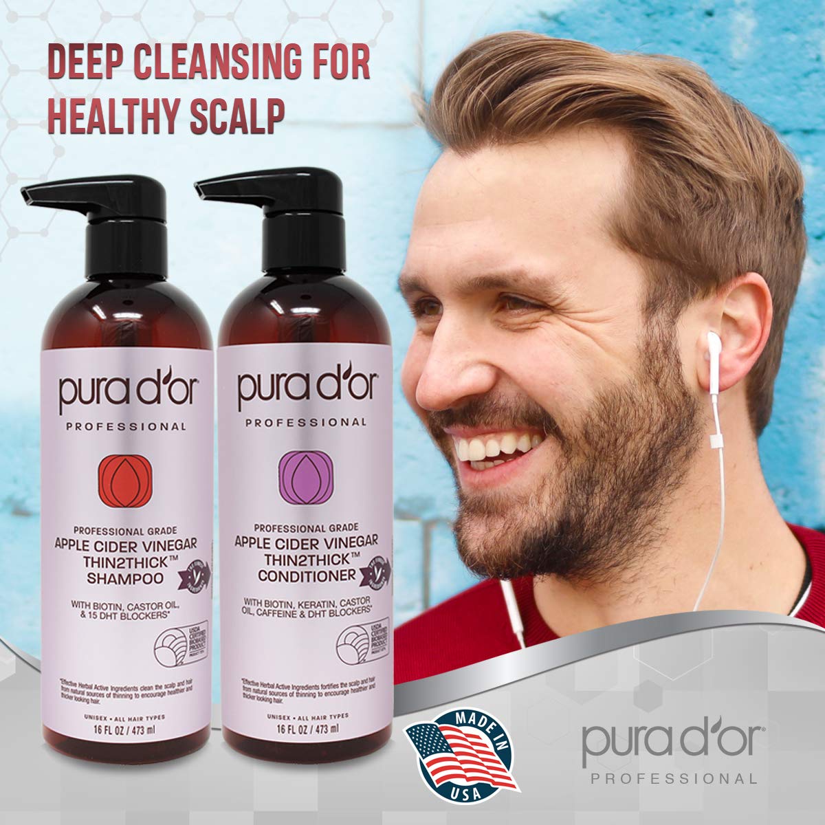 PURA D'OR Apple Cider Vinegar Thin2Thick Set Shampoo Conditioner for Regrowth, Hair Loss, Clarifying, Detox (2 x 16oz) Biotin, Keratin, Caffeine, Castor Oil, All Hair Type, Men/Women, Packaging varies: Beauty