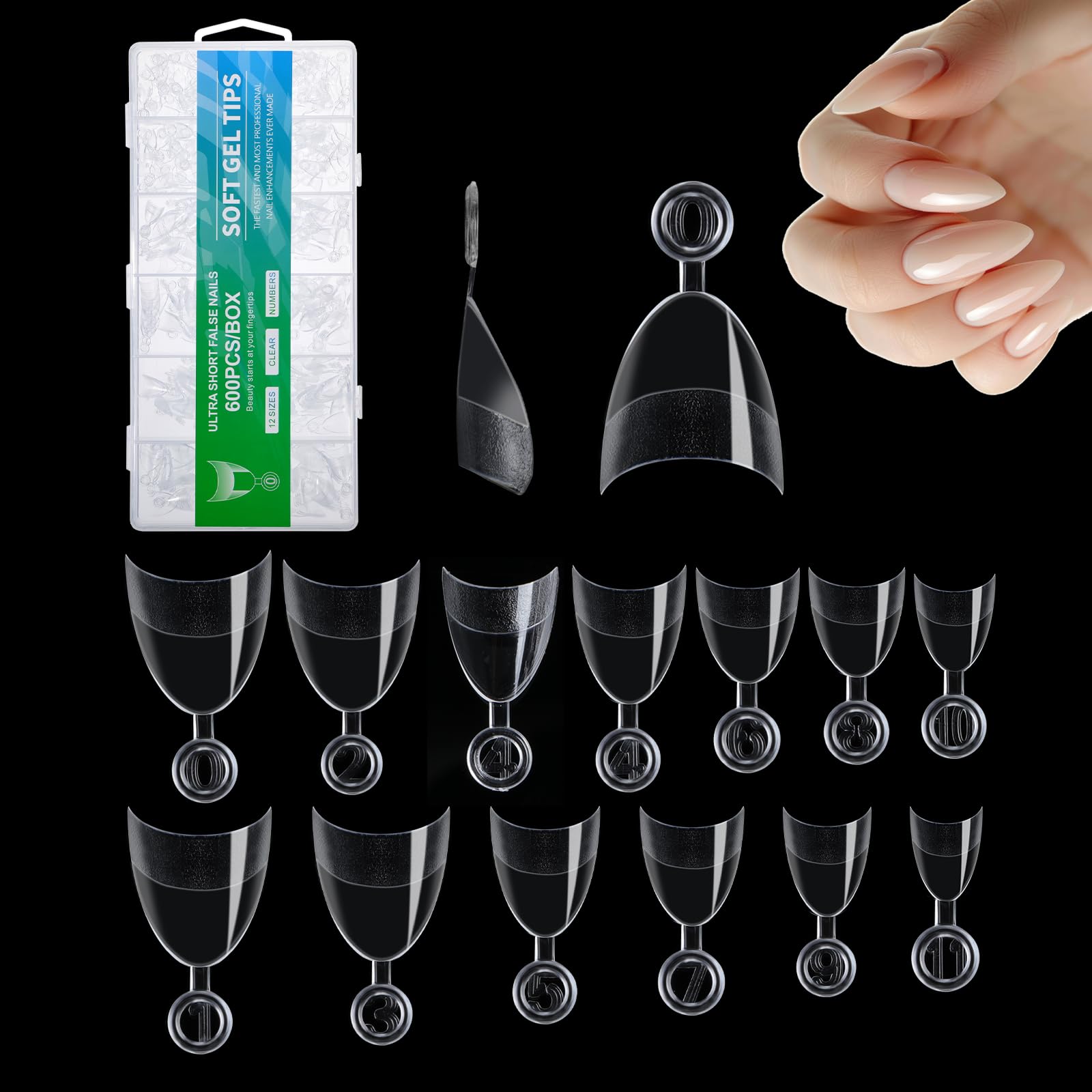 600 pcs Short Almond Nail Tips Clear Medium Almond Nails, Half Cover, Half Matte, 12 Sizes Soft Gel Acrylic Tips for Nail Extensions, Home DIY, and Salon Use