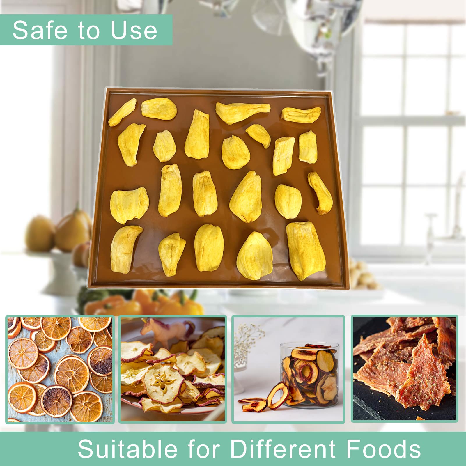 6PCS Silicone Dehydrator Sheets - Nonstick fruit leather trays for dehydrator with Silicone Scraper Compatible with Cosori CP267-FD High Temperature Resistance Reusable for Fruits Meat Herbs (Brown)