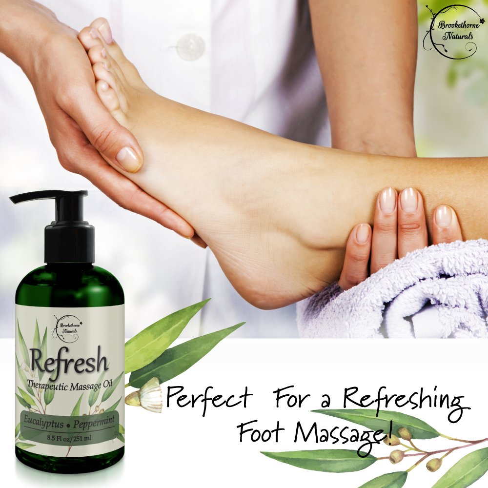 Refresh Massage Oil with Eucalyptus & Peppermint Essential Oils - Great for Massage Therapy. Stress Relief & All Natural Muscle Relaxer. Ideal for Full Body Massage – Nut Free Formula 8.5oz : Beauty