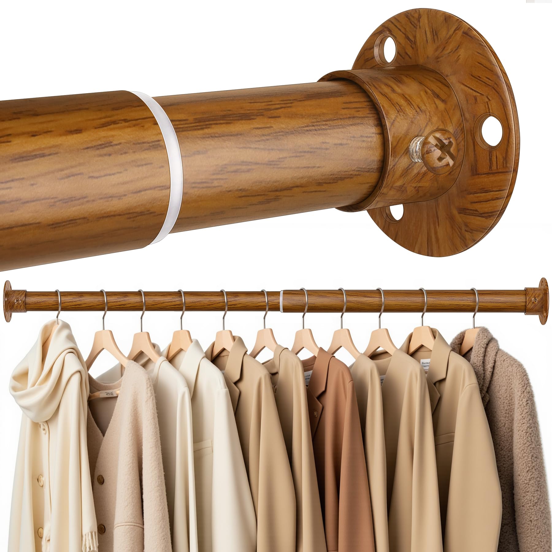 Photo 1 of CTSZOOM Closet Rods for Hanging Clothes, 17-52 Inch Heavy Duty and Stepless Adjustable Closet Poles, Stainless Steel Closet Hanging Rod for Wardrobes, Laundry Room, Bathroom, RV (Wood-Grain Finish)