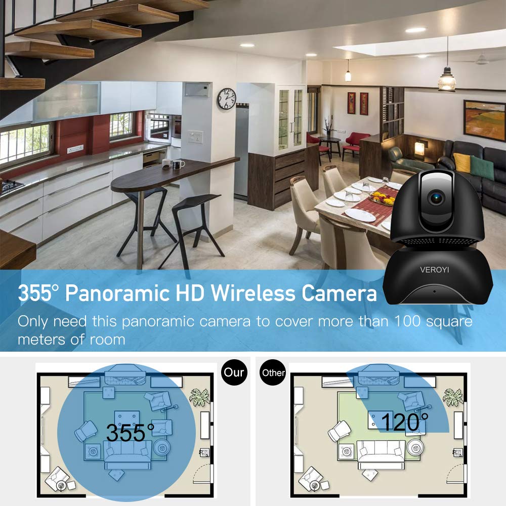Veroyi Home Security Camera WiFi, 1080P Full HD Wireless IP Panoramic Surveillance Camera with Two-Way Audio,Motion Detection Night Vision for Baby Elder Pet Monitor