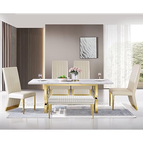 AUZ White Leather Dining Chairs Set of 6, Luxury White and Gold