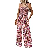 Dokotoo Women's Casual Loose Overalls Jumpsuits One Piece Sleeveless Printed Wide Leg Long Pant Rompers With Pockets
