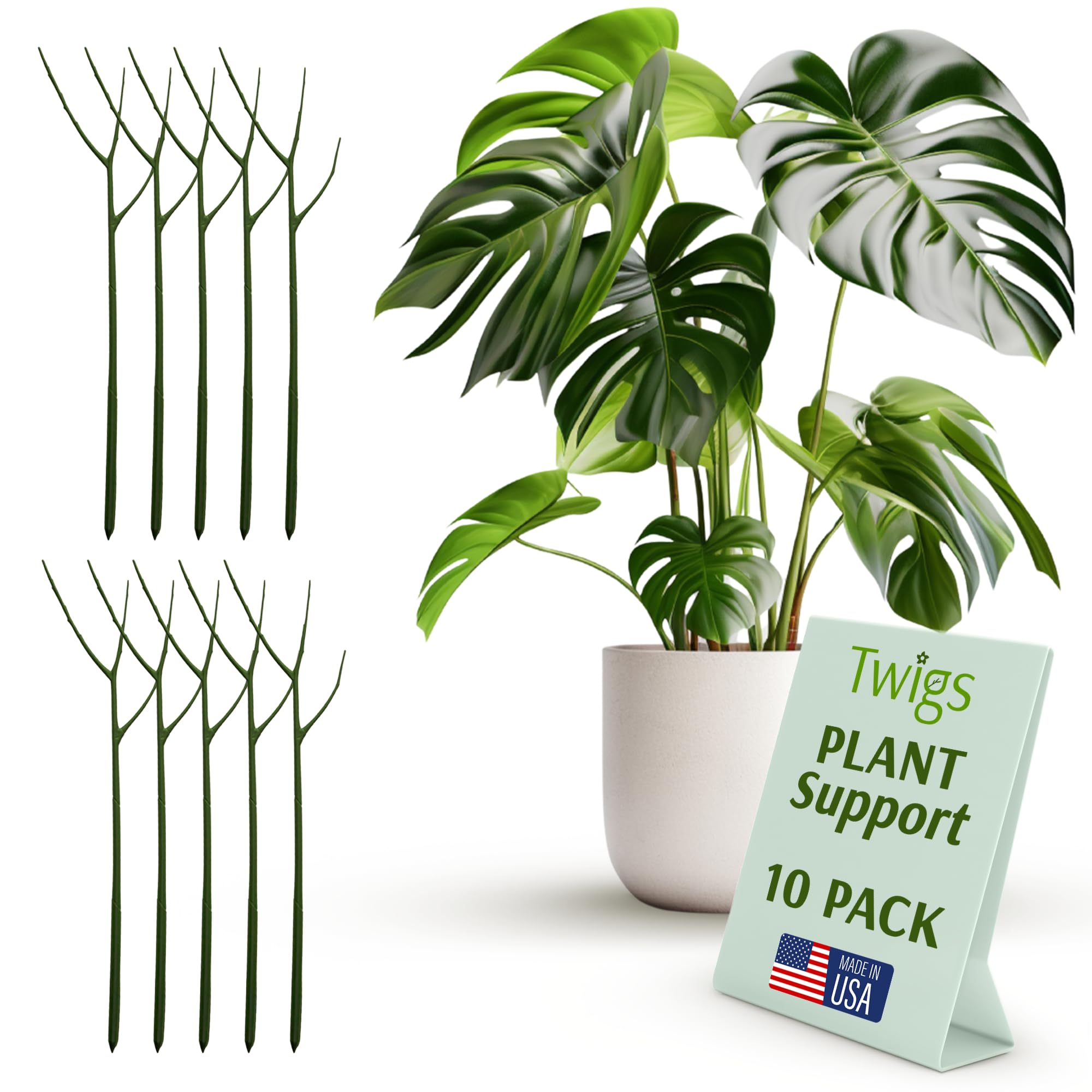 Twigs GA - Plant Support Stakes for Indoor & Outdoor Use, Durable Trellis Alternative for Climbing & Potted Plants, Houseplant Stem Holder Structures - Monstera (Dark Green), 10 Pack, 22" L, Original Image