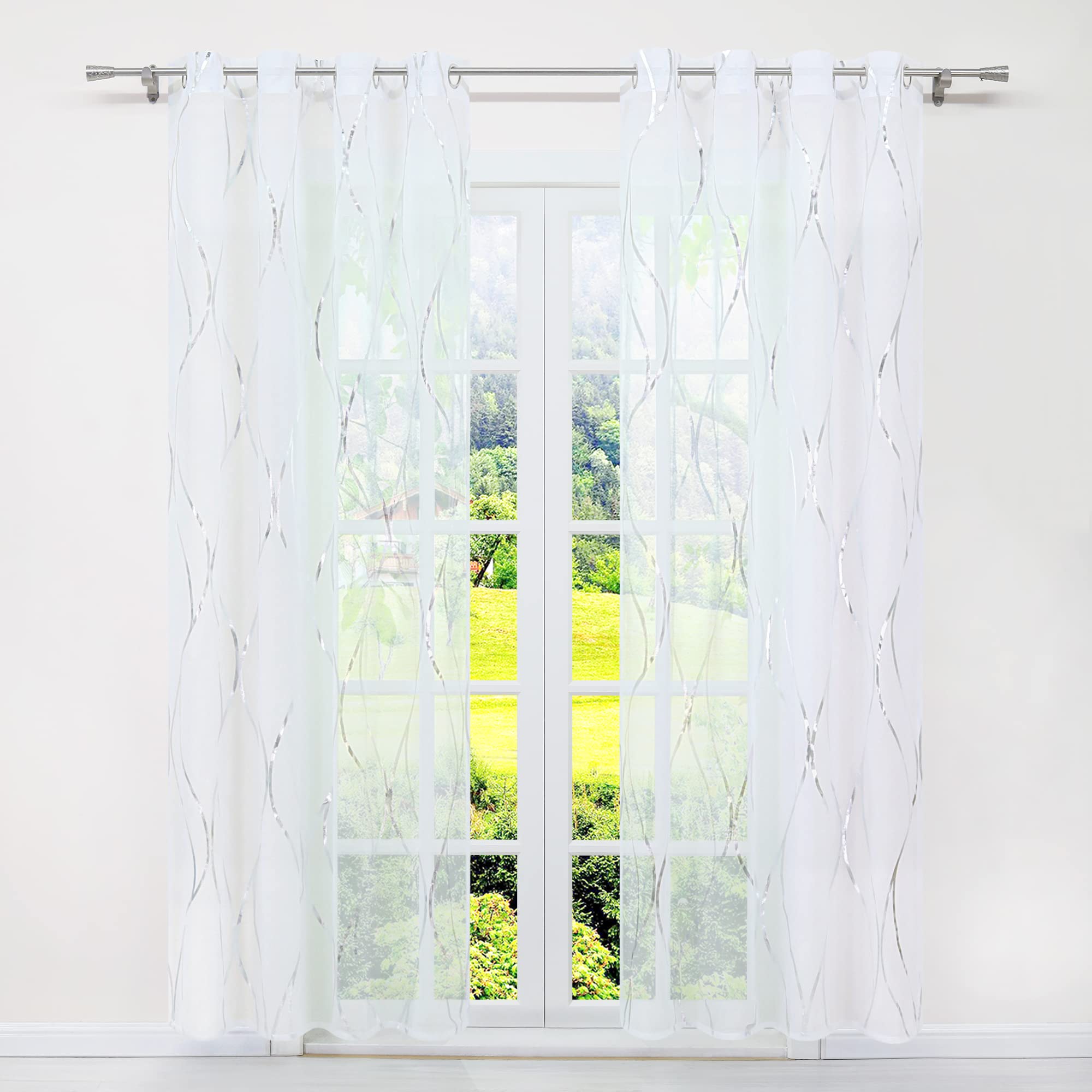 SCHOAL Curtains with Eyelets Transparent Voile Curtain Window Curtain Modern Decorative Curtains with Shiny Waves Pattern 1 Piece W x H 140 x 225 cm Silver