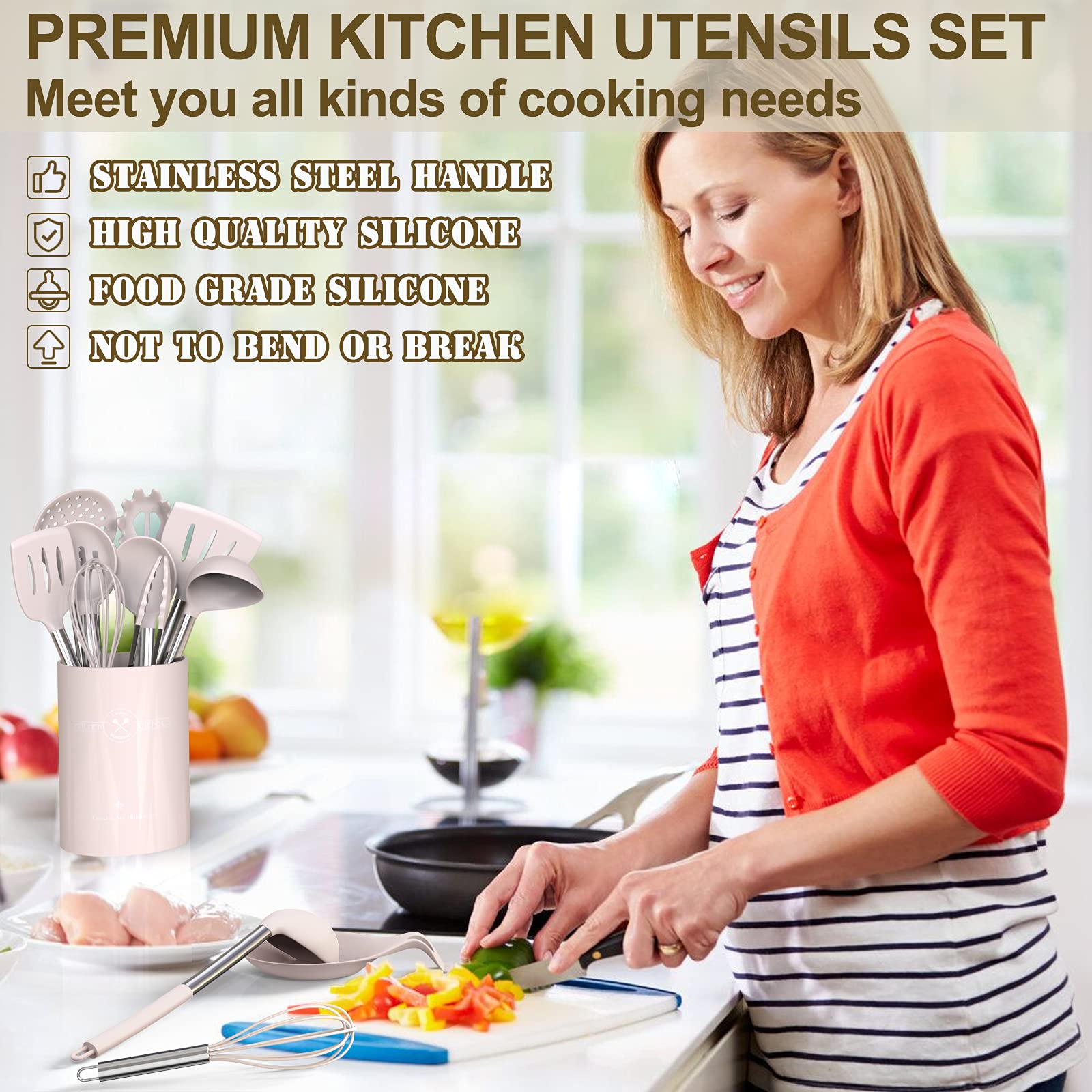 Umite Chef Silicone Kitchen Cooking Utensil Set, 43 pcs Spatula Set with Stainless Steel Handle, Non-stick Heat Resistant - Best Cookware Set-(Khaki)