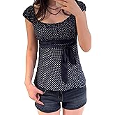Sunloudy Women Fairy Coquette Babydoll Shirt Y2k Cap Sleeve Polka Dot Grunge Flowy Preppy Tees Vintage Aesthetic Clothes