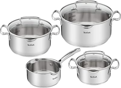 Duetto Lot de 7 pièces : 3 casseroles 16/20/24 cm, 1 casserole 16 cm, 3 couvercles en acier inoxydable, 3 couvercles en verre, marques de mesure, toutes sortes de cuisines, passe au four et au