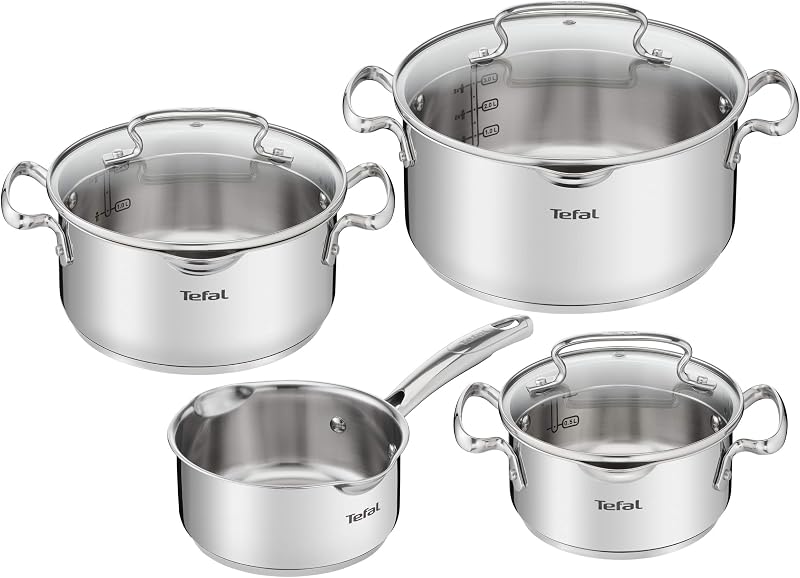 Duetto Lot de 7 pièces : 3 casseroles 16/20/24 cm, 1 casserole 16 cm, 3 couvercles en acier inoxydable, 3 couvercles en verre, marques de mesure, toutes sortes de cuisines, passe au four et au