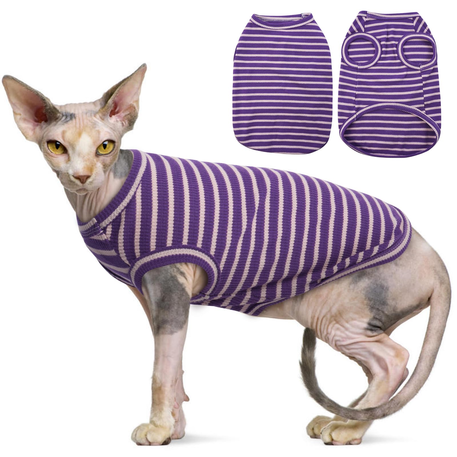 OUOBOB Sphynx Cat Clothes, Breathable Hairless Cat Shirts, Stripe Kitten T-Shirts Sleeveless, Pullover Cat Sweaters, Pet Summer Apparel for Sphynx, Cornish Rex, Devon Rex, Peterbald, Small Dogs — image 1