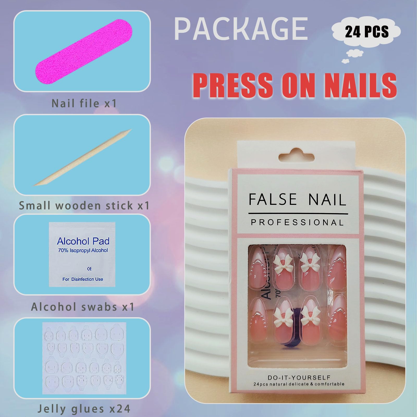 White French Tip Almond Medium Fake Nails with White Pearls Bow Designs Pink Full Cover Glue on Press On Acrylic False Glossy Stick on Nails - 24pcs - Image 6