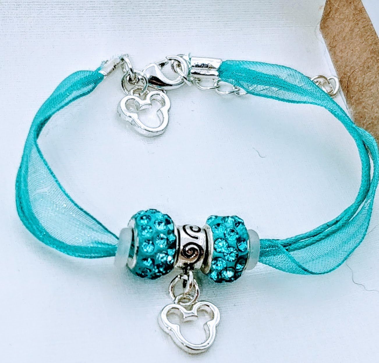 Mickey Mouse Silver Czech Crystal Charm Beads Organza Cord Bracelet Girls