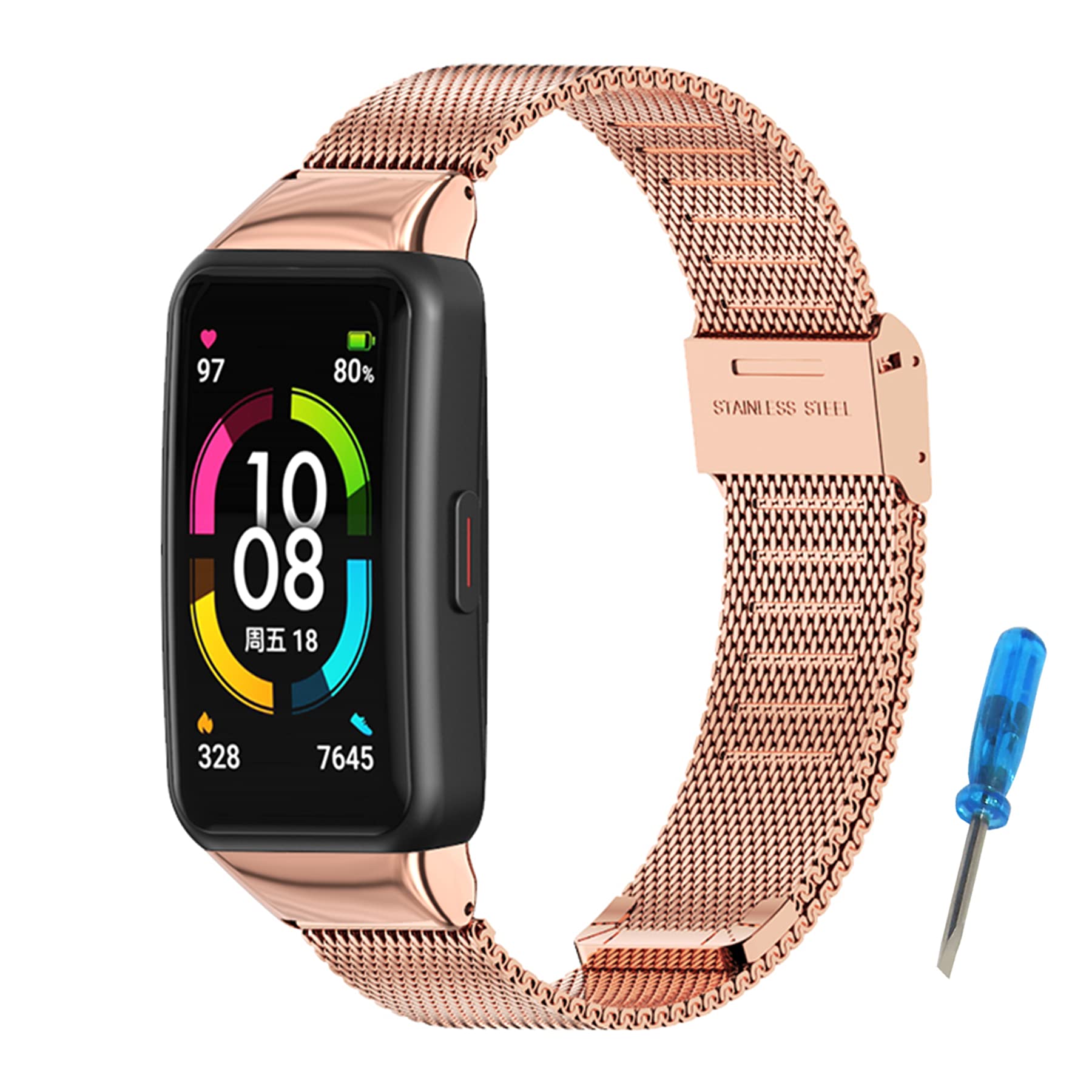 SenMore Metal Strap for Huawei Band 6 & Honor Band 6 Wristband Stainless Steel Strap Fashion Fitness Watch Accessories Compatible with Honor Band 6 & Huawei Band 6 (No Host) (Rose Gold)