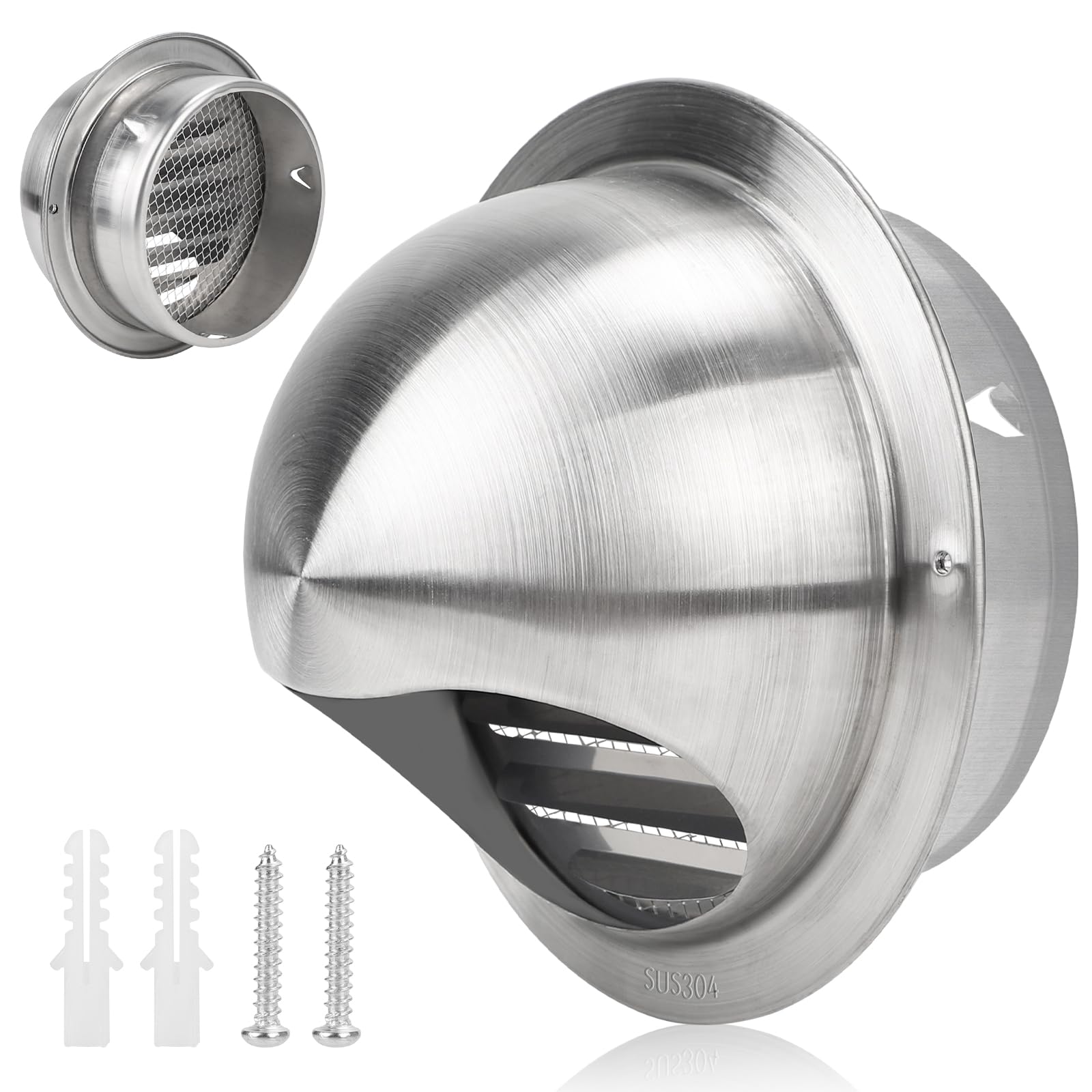 LALAGO Round Ventilation Grille, 125 mm Stainless Steel Ventilation Grille, Exhaust Air Grille, Integrated Backflow Flap, Weather Protection Grille with Insect Protection Grille