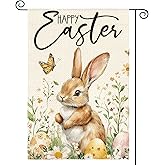 AVOIN colorlife Happy Easter Bunny Garden Flag 12x18 Inch Double Sided Outside, Floral Rustic Holiday Yard Outdoor Flag
