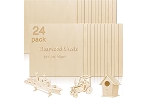 VEMKYRIO 24 Pcs Basswood Sheets Plywood, 12 x 12 x 1/8 Inch - 3mm Thick Unfinished Wood Board for Crafts for Laser Cutting & Engraving, School DIY Projects, Painting, Fretwork, CNC Cutting, and Wood Burning