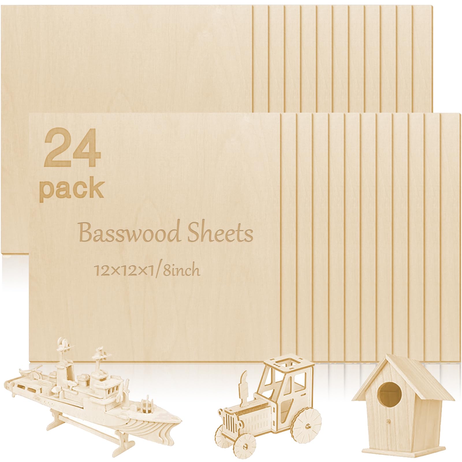 Photo 1 of  Basswood Sheets Plywood, 12 x 12 x 1/8 Inch - 3mm Thick Unfinished Wood Board for Crafts for Laser Cutting & Engraving, School DIY Projects, Painting, Fretwork, CNC Cutting, and Wood Burning
