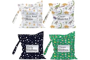 JRHUNG 4Pcs Cloth Diapers Wet Dry Bag, Wet Bag, Diaper Bag Organizer, Waterproof Travel Beach Daycare Yoga Gym Bag for Swimsuits Dirty Wet Clothes, Dinosaur Starry Night Sky Cartoon Transportation Patterns