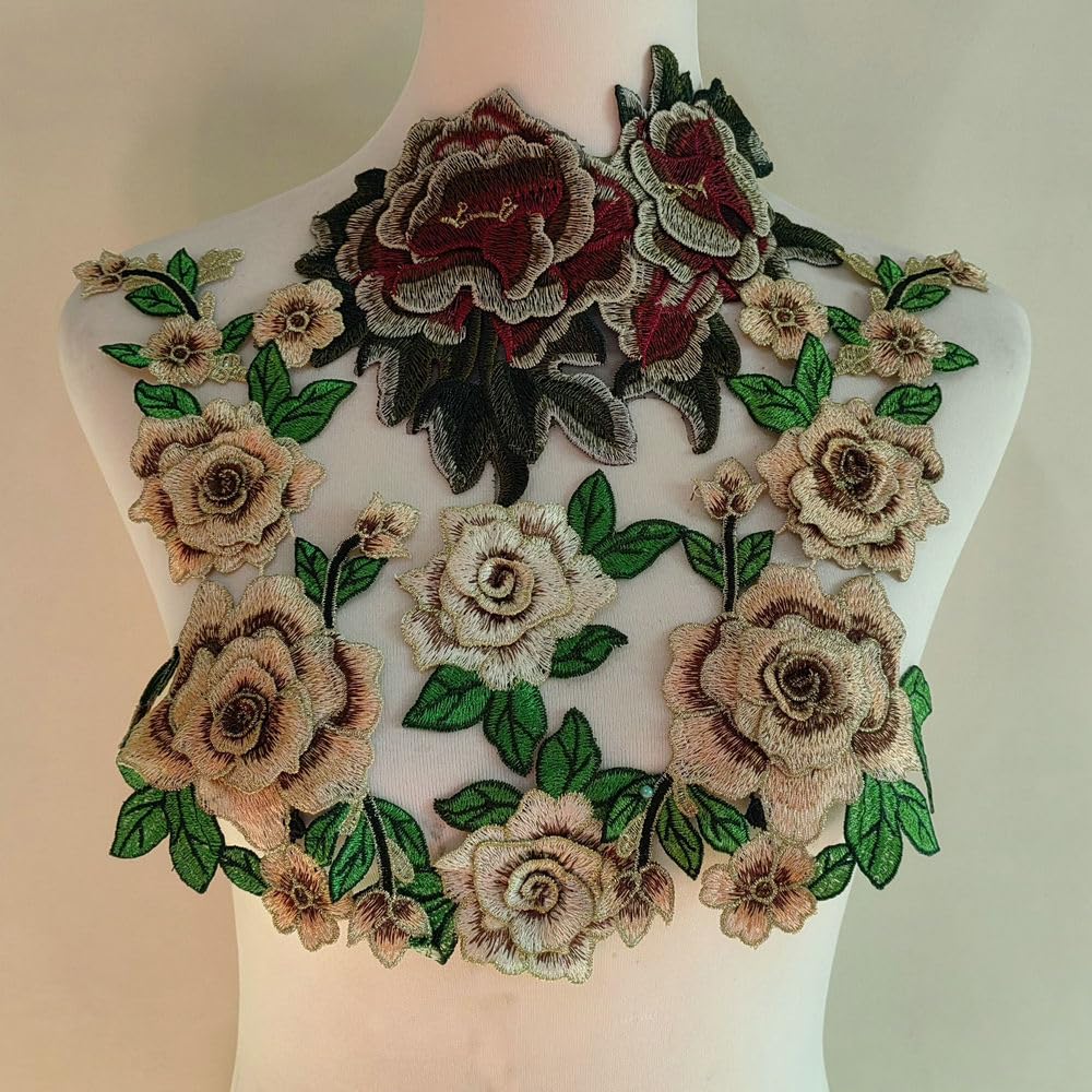 1 Pair Embroidery Rose Flower Sew On Patch Dress Hat Bag Jeans Applique Crafts Clothing Accessories DIY (Light Brown)