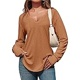 Tankaneo Womens Deep V Neck Tunic Tops Long Sleeve Oversized Casual Loose Fit Curved Hem T Shirts