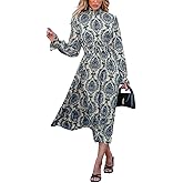 CUPSHE Women's Boho Ruffle Maxi Fall Dress Mock Neck Long Lantern Sleeve Elastic Waist Paisley Casual Autumn Dresses
