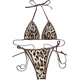 GORGLITTER Women's Cheetah Leopard Sequin Triangle Halter Bikini Sets Summer Cheeky High Waisted Swimsuits Bathing Suit