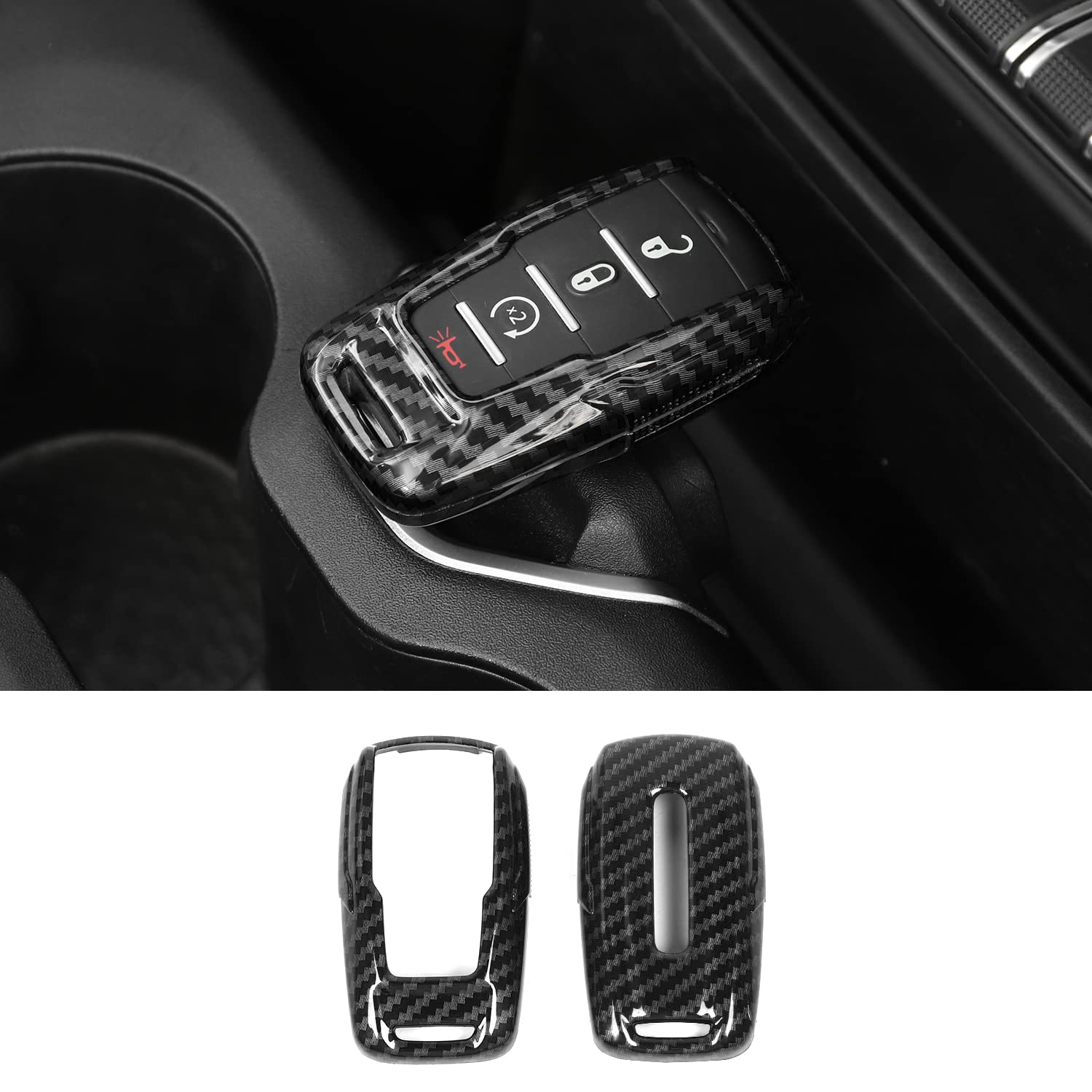 Photo 1 of RAZPOY for RAM Key Fob Cover, Carbon Fiber Remote Control Cover Smart Key Protector Key Case Shell Holder for 2018-2023 Dodge RAM 1500 2500 3500 Accessories, ABS