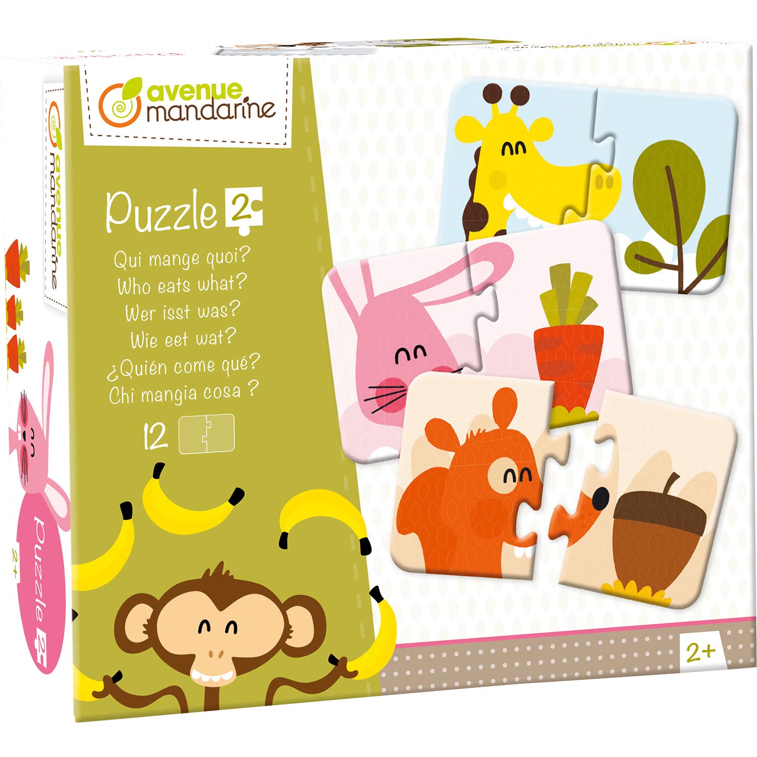 Avenue Mandarine JE519C - An educational box of 12 2-piece puzzles to assemble - From age 2 - Who eats what? - Children's Creative and Leisure Activity