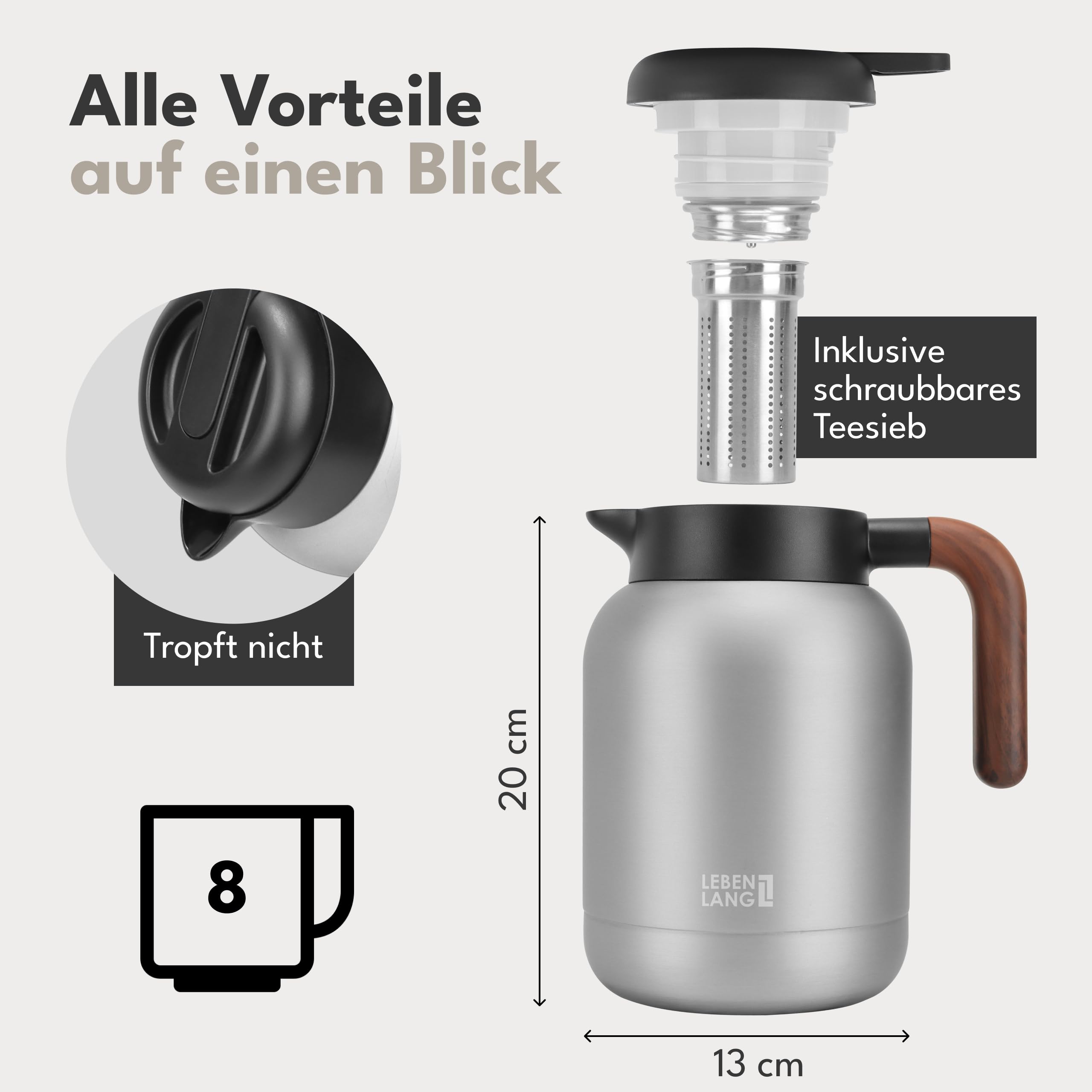 LEBENLANG Thermoskanne 1,5L Keramikbeschichtung - Inkl. Teesieb & 24h Heiß 4