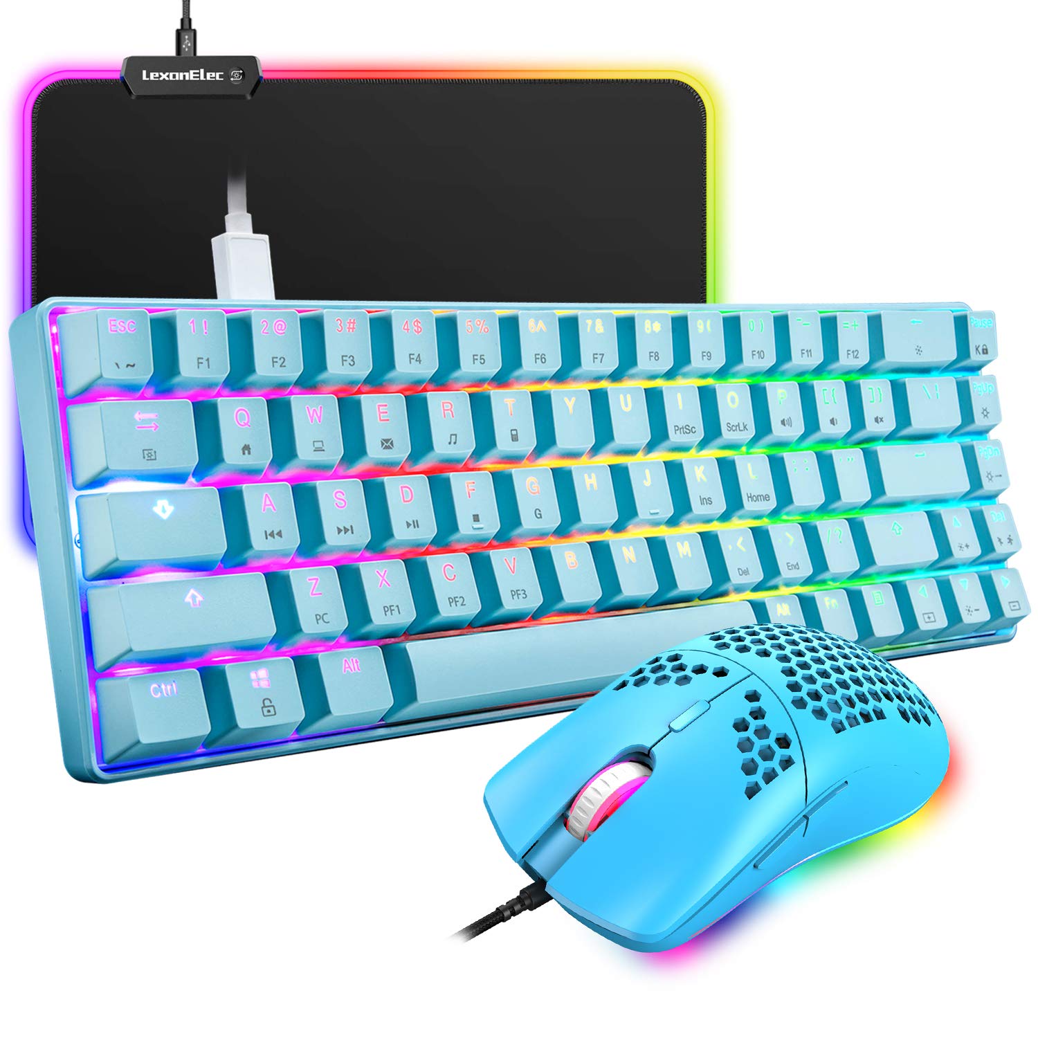 LexonElec 60% Mechanical Gaming Keyboard Blue Switch Mini 68 Keys Wired Type C 18 Backlight Effects + Lightweight RGB 6400DPI Honeycomb Optical Mouse + RGB Mouse Pad For Gamers and Typists - Blue