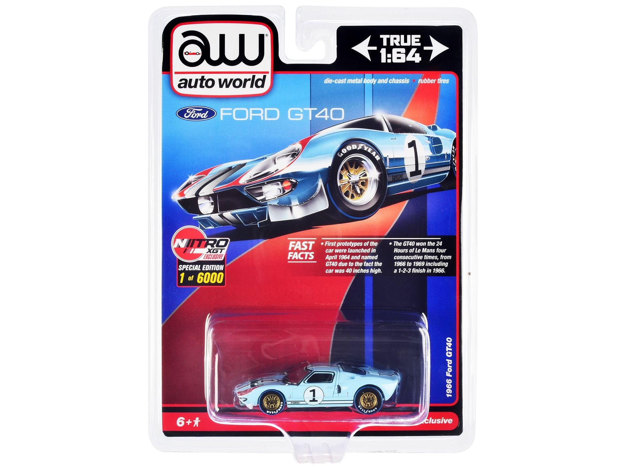 Photo 1 of 1966 Ford GT40#1 Blue Limited Edition to 6000 Pieces Worldwide 1/64 Diecast Model Car by Auto World CP7921