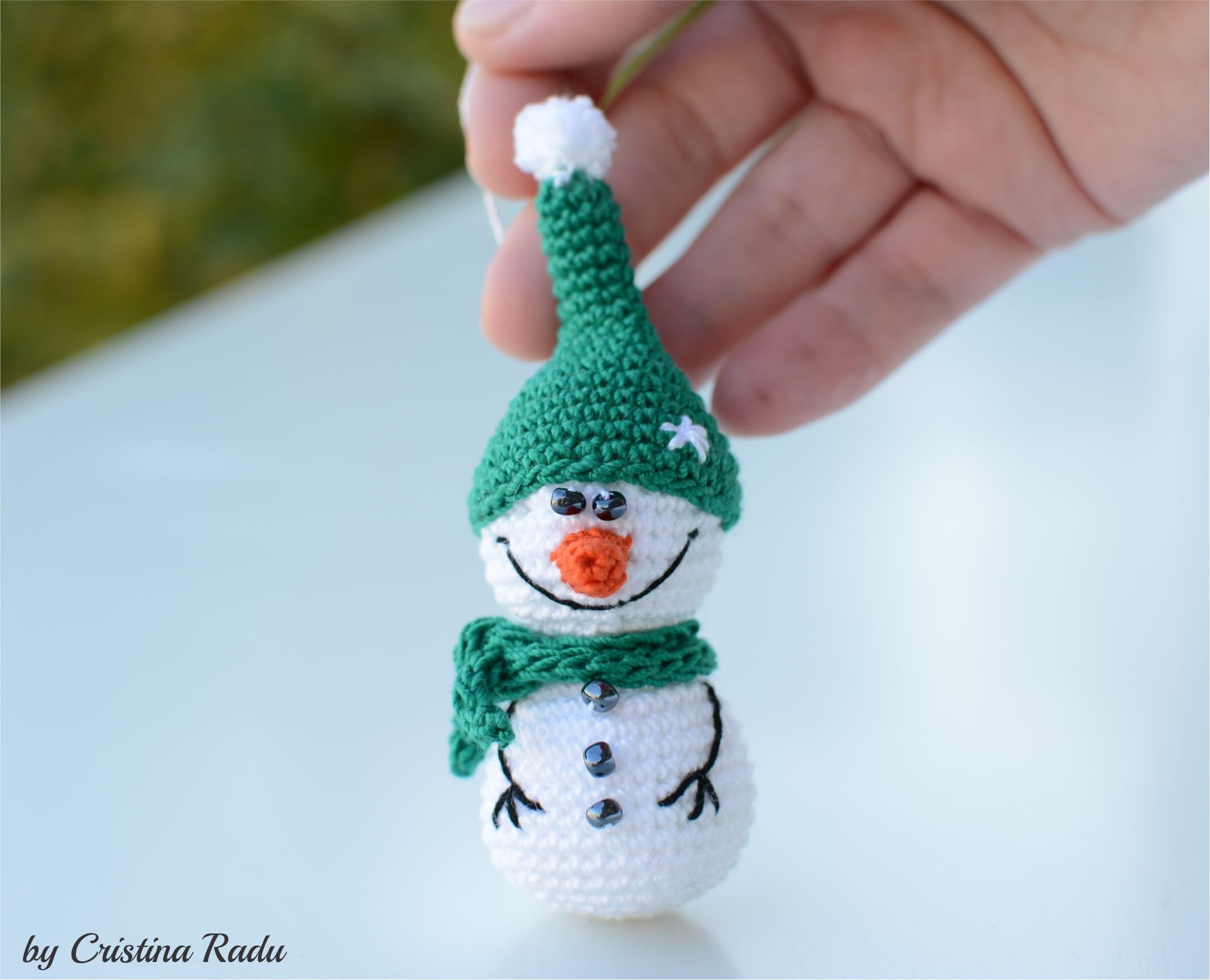 Snowman ornament, Christmas decoration, winter gift, cozy home decor, amigurumi Christmas gift, tiny stuffed snowman, green hat hanging tree