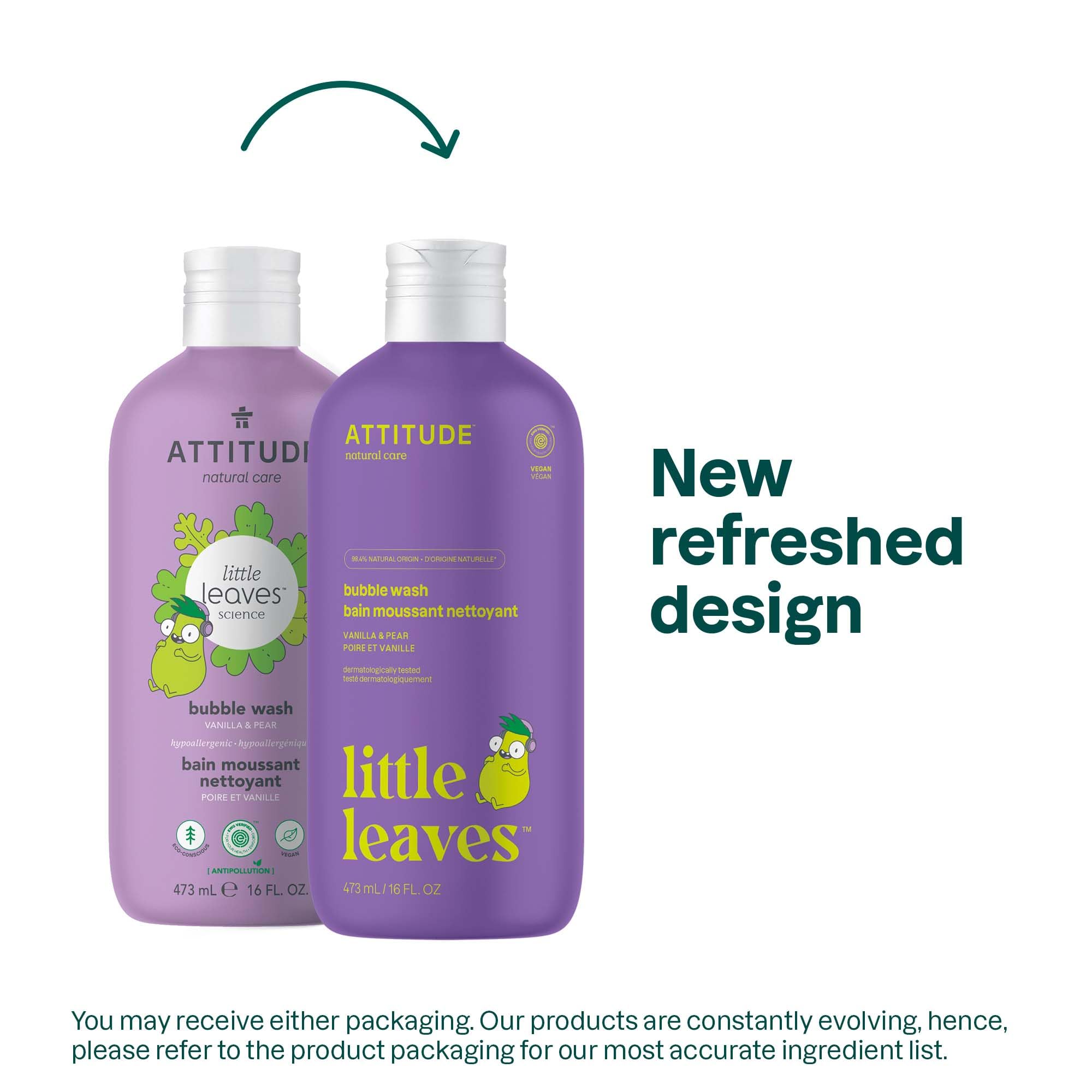 ATTITUDE Bubble Wash for Kids, EWG Verified Bubble Bath, Hair Shampoo and Body Soap, Dermatologically Tested, Plant- and Mineral-Based, Vegan, Vanilla & Pear, 16 Fl Oz