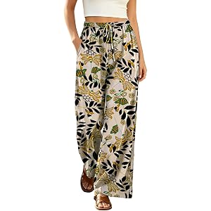 YESNO Women's Wide Leg Cotton Casual Loose Palazzo Pants PLR | Drawstring elastic waist, comfy loungewear, summer fall busine