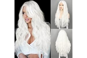 WECAN Long White Wigs for Women, 28 Inches Wavy Lace Heat Synthetic Middle Part Natural Looking Silky Wig for Daily Use, Halloween & Cosplay