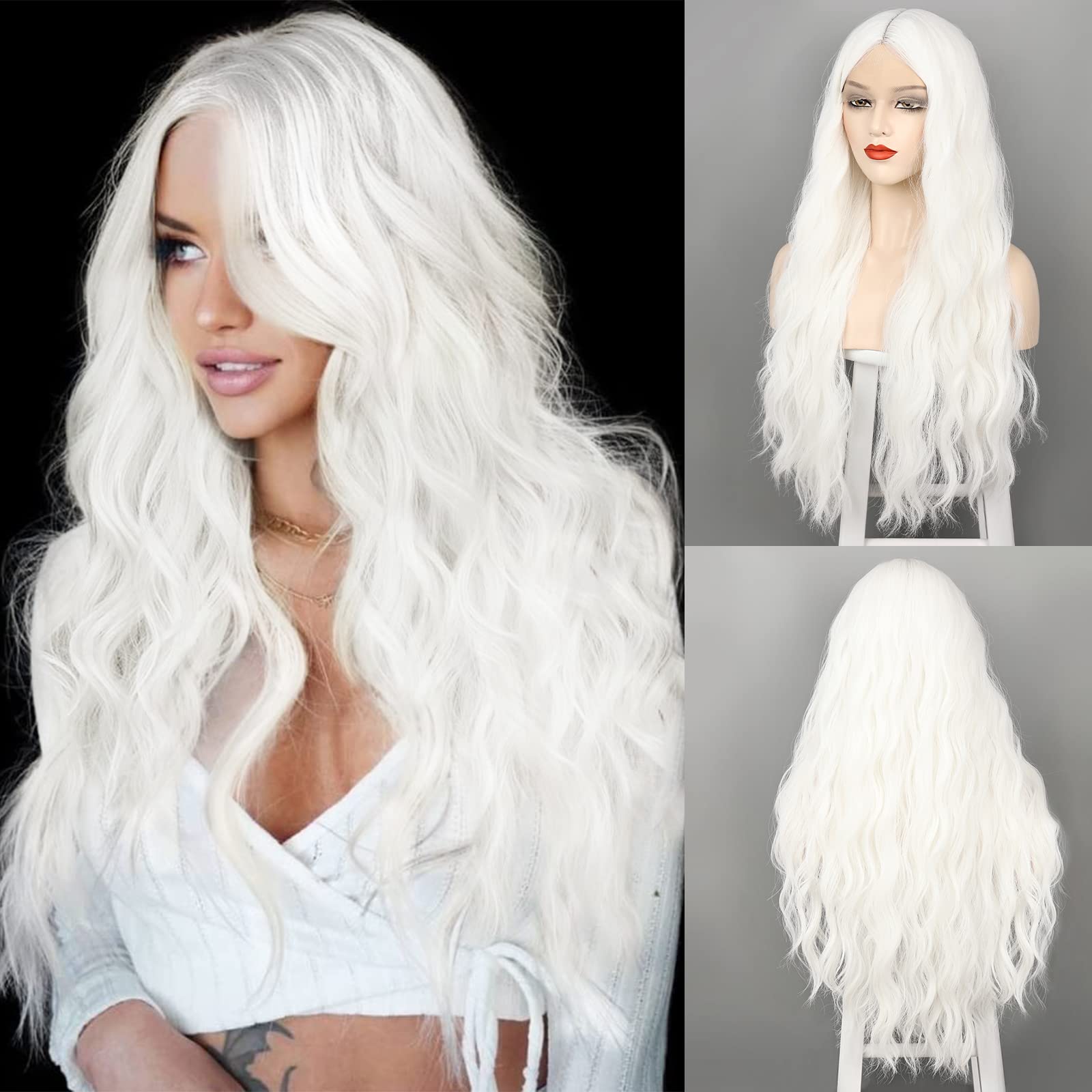 Photo 1 of WECAN Long White Wigs for Women, 28 Inches Wavy Lace Heat Synthetic Middle Part Natural Looking Silky Wig for Daily Use, Halloween & Cosplay
