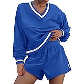 Fisoew Womens 2 Piece Outfits Long Sleeve V Neck Sweatshirt High Waist Running Shorts Sets Loose Fall Workout Tracksuits