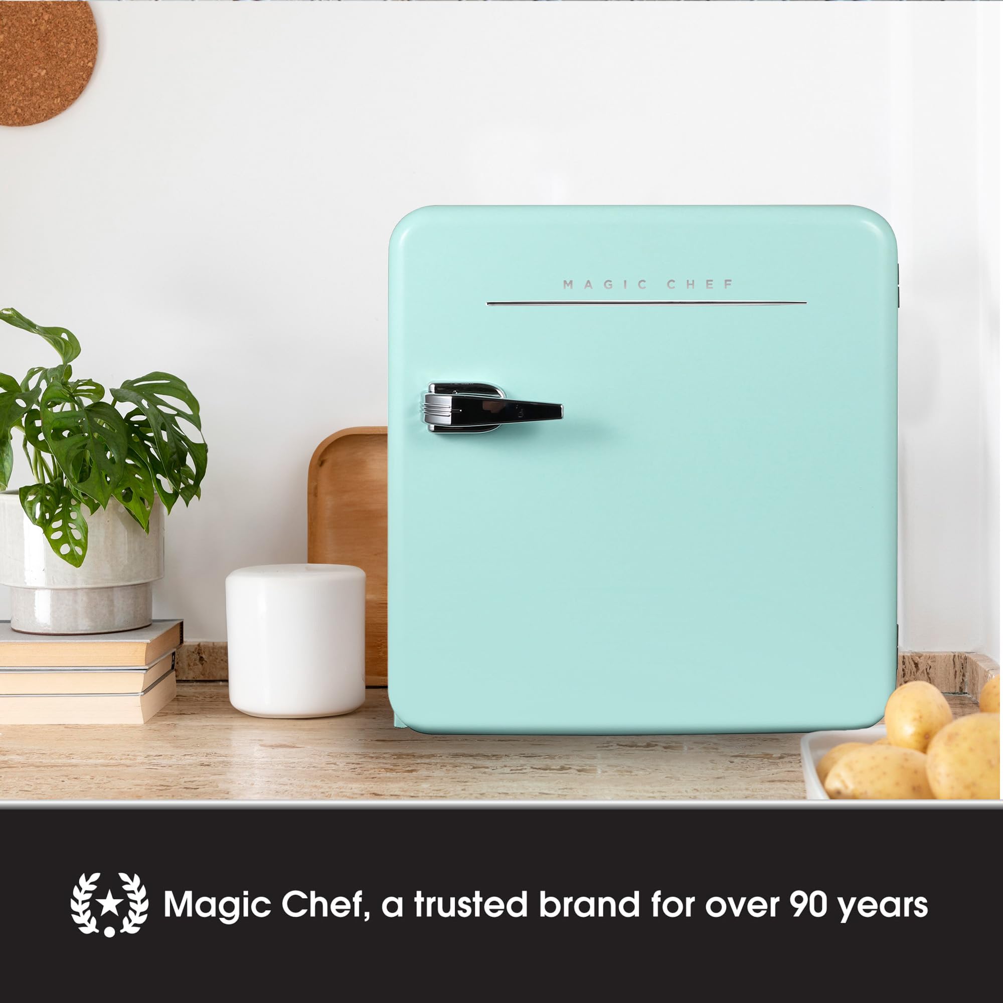 Magic Chef 1.6 Cubic Feet Retro Style Mini Fridge with Interior LED Light and Removable Glass Shelf Ideal for Bedroom and Recreational Room, Mint