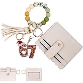 67 Meme Silicone Boho Beaded Wristlet Keychain With Wallet - Santa Says Six Seven Gifts 6 7 Acrylic Wristlet Small Credit Card Holder Bracelet Key Chain Purse Bangle Tassel Beads Key Rings For Women
