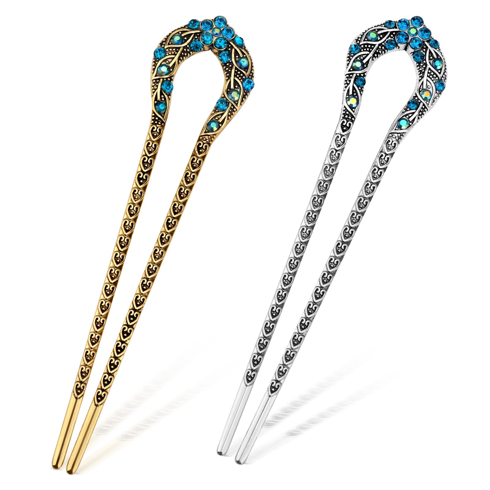 2pcs Vintage Metal French Hair Pins, Rhinestone Flower U Shaped Hairpins Carved Chinese Ancient Twist Hair Sticks for Buns Hair Fork Hair Accessories for Women (Gold, Silver)