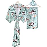 Comfy Mommy Women's Maternity Robe Baby Cap and Swaddle Set Long Sleeve Robes Mom and Baby Matching Hospital Delivery Outfits (Green Forest animal, M)