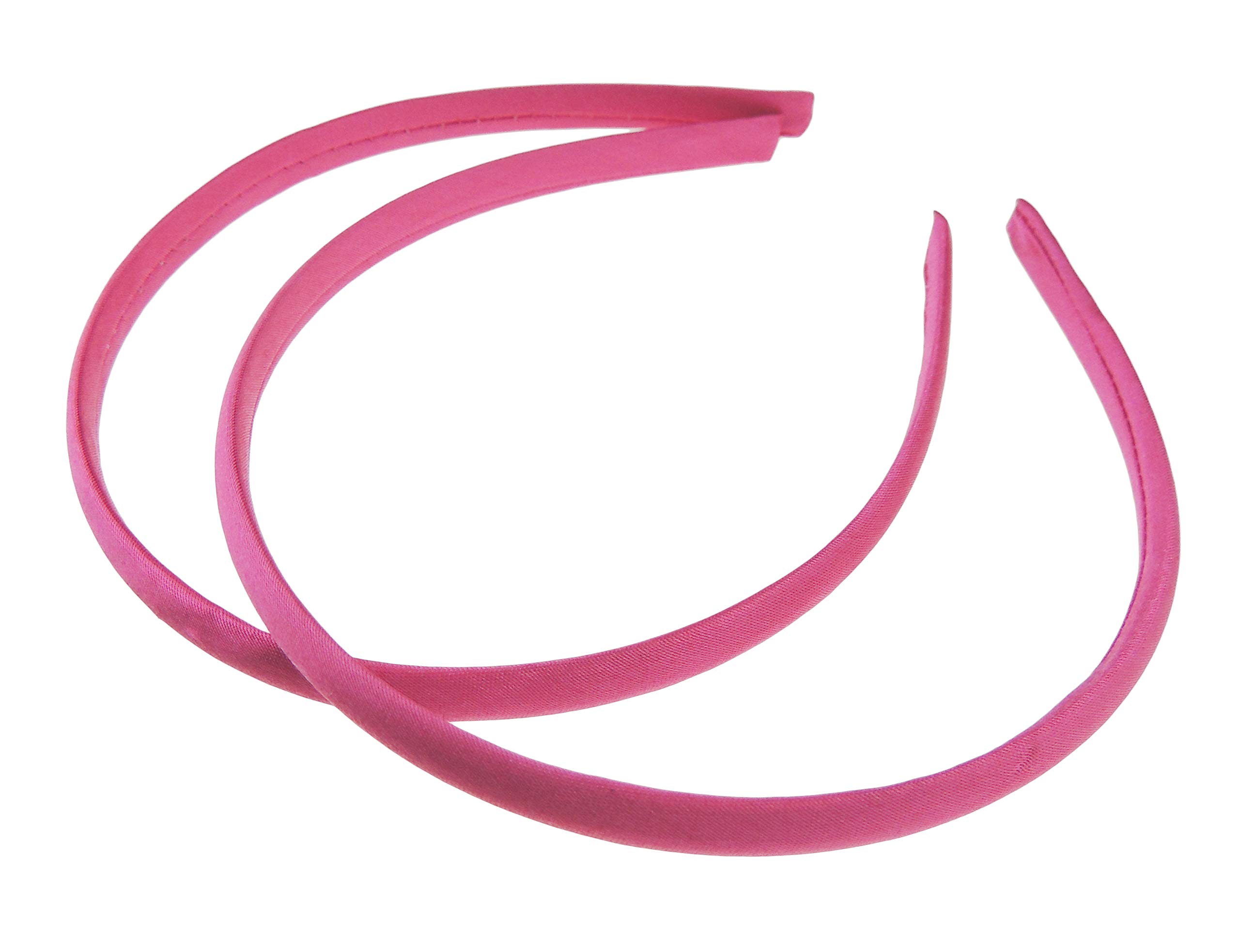 Pair of 2 Slim Thin 1cm Satin Covered Teens Girls Bridesmaid Basic Party Satin Plain DIY Alice Headband Hairband Head Hair Band Kids School Uniform (Fuchsia, One Size)
