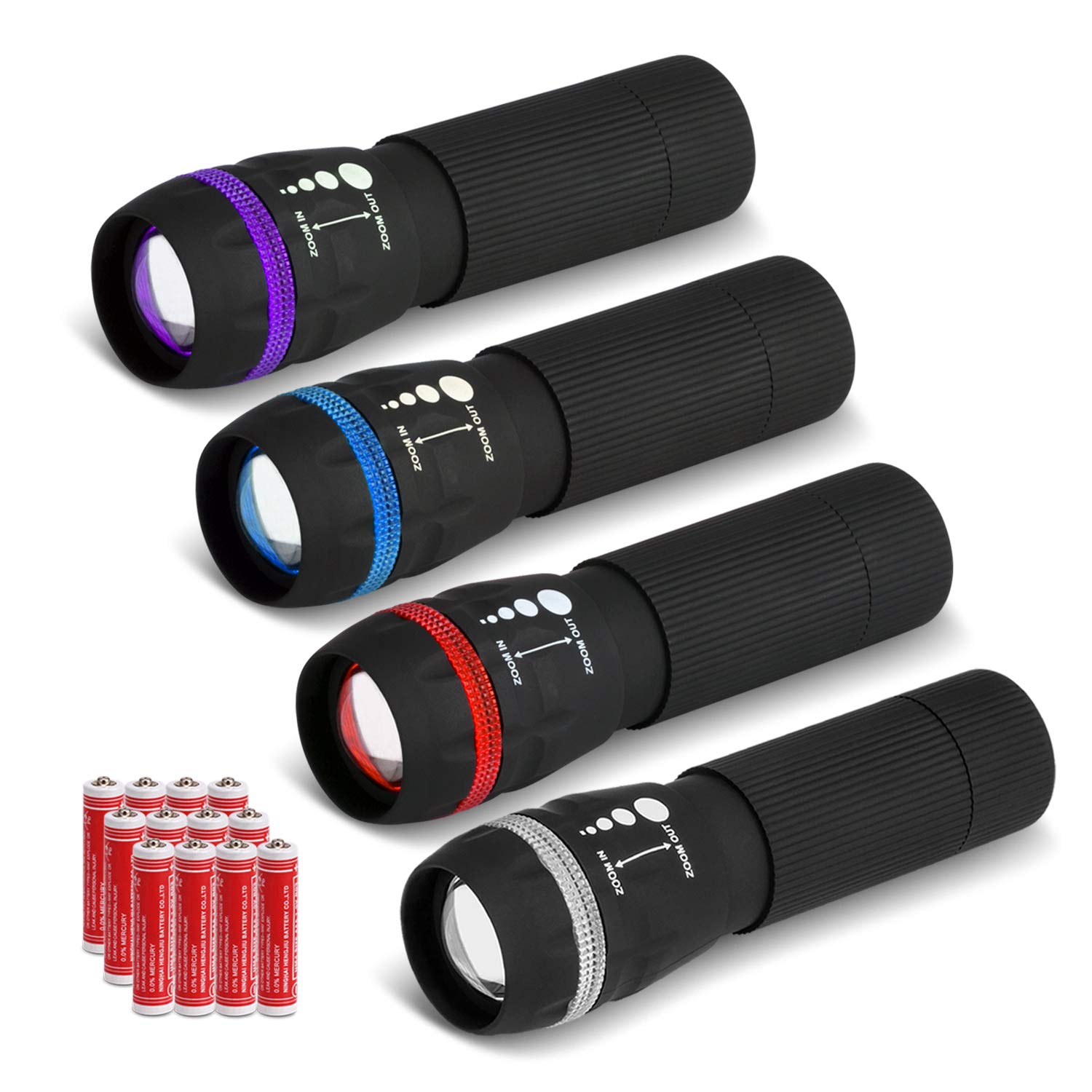 VICOUP 4 Pack Mini Flashlights with 12 AAA Batteries & Colored Band - Portable LED Flashlight Set for Kids, Camping, Hiking, Party