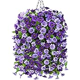 Homsunny Artificial Fake Hanging Flowers Plants Baskets for Outdoor Spring Summer Decorations,Faux Morning Glory Silk Flower for Outside UV Resistant Patio Yard Home Porch Decor(Purple)