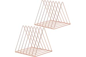 COSYAWN Triangle 7 Slot Vinyl Record Holder, Anti-Rust Metal Magazine Album Display Rack Desktop File Sorter Organizer, Paper Letter Newspaper Storage for Home Office, Rose Gold 2 PACK