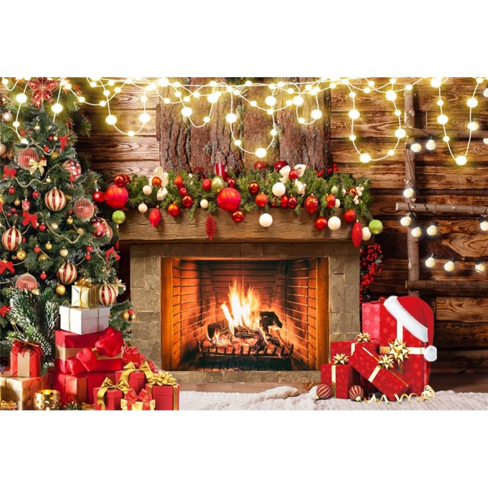 Merry Christmas Backdrop 7x5ft Fireplace Background Vintage Brick Wall Christmas Tree Xmas Photography Background Happy New Year Festival Party Decoration Banner